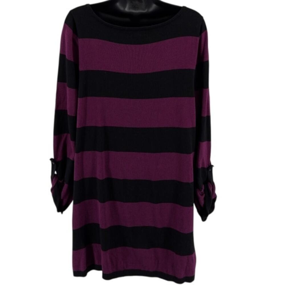 Caslon Sweater Tunic Womens L Berry Black Striped Roll Tab Sleeves Knit Pullover - Picture 4 of 7